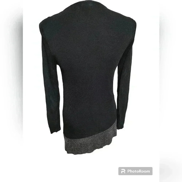 Eileen Fisher Tunic Top Asymmetric Hem Black Metallic Silver Sheer Knit - Picture 2 of 4